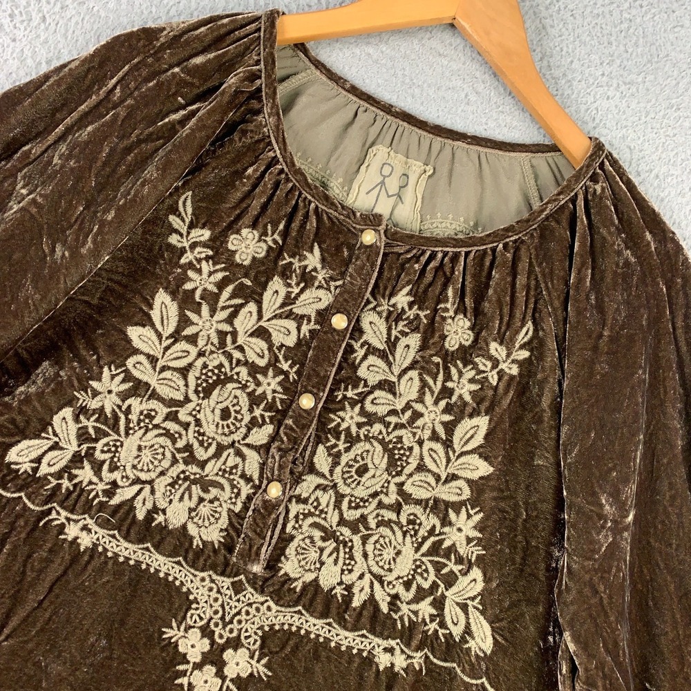 Johnny Was Velvet Tunic Top Small Brown Floral Embroidered Oversized Silk Blend